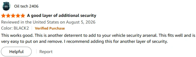 Verified Amazon review of the steering wheel lock: a good extra layer of vehicle security, easy to put on and remove
